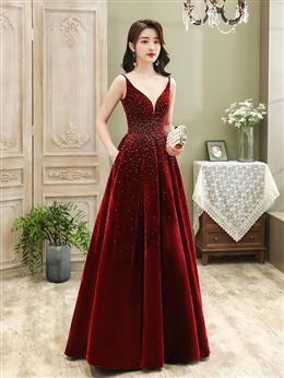 Picture of Wine Red Color Velvet Straps Long Evening Dresses, Floor Length  Formal Dresses, Paty Dresses